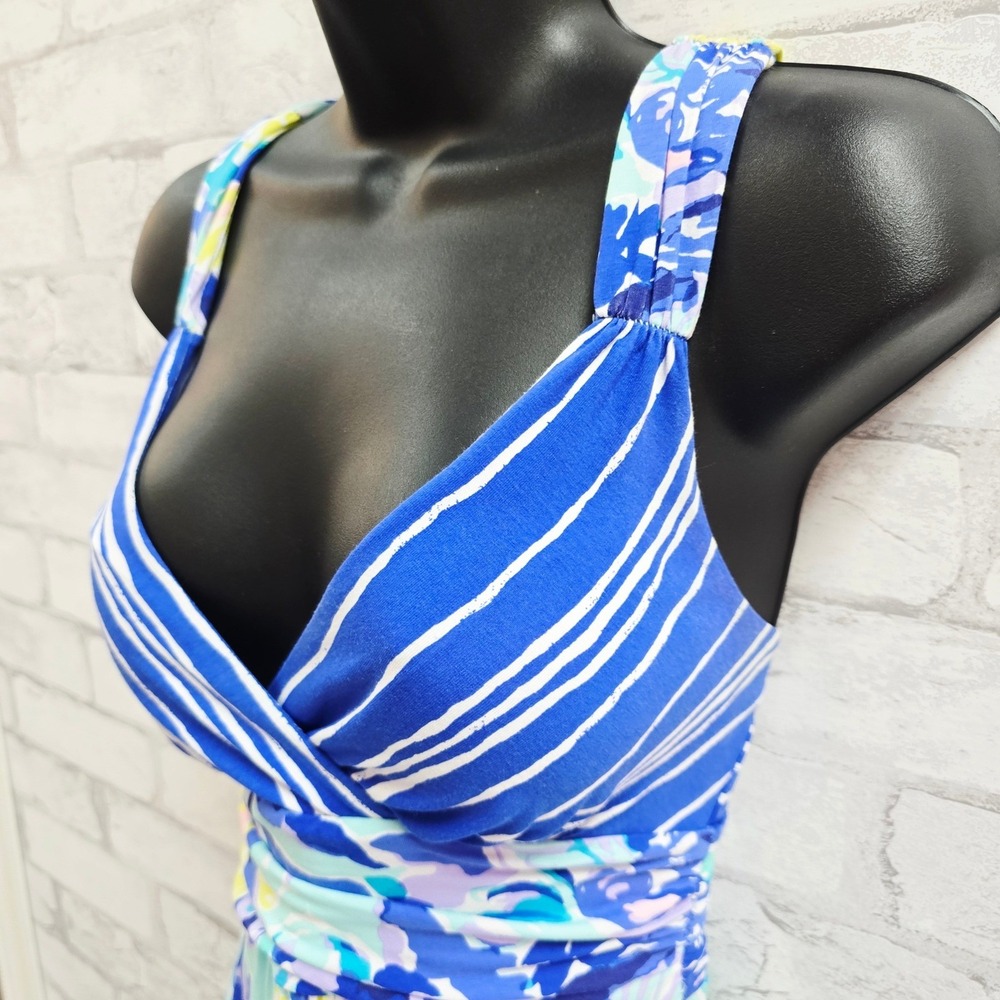 Lilly Pulitzer XS Blue White Striped Floral Tropical V-Neck Cross Back Dress - Picture 3 of 11